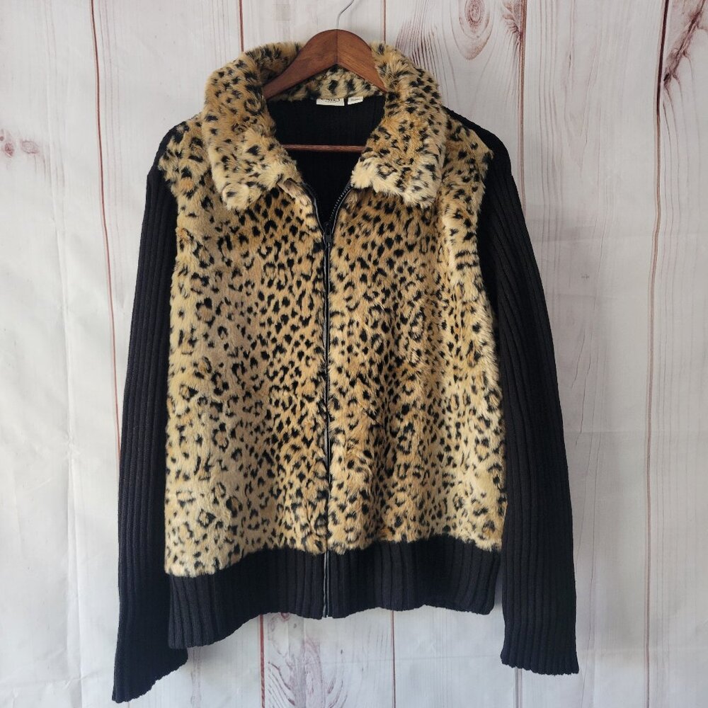 Cato Women’s Plus 22/24 Faux Fur Leopard Print Full Zip Sweater Jacket w/ Black